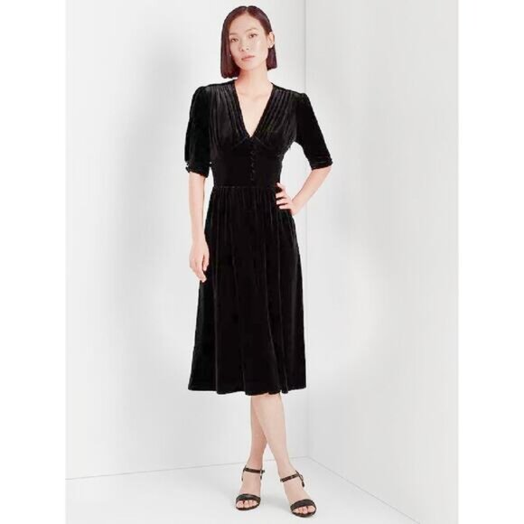 LAUREN Ralph Lauren Black Velvet V-Neck Puff Sleeve A-Line Midi Dress Size 2X - Picture 13 of 14